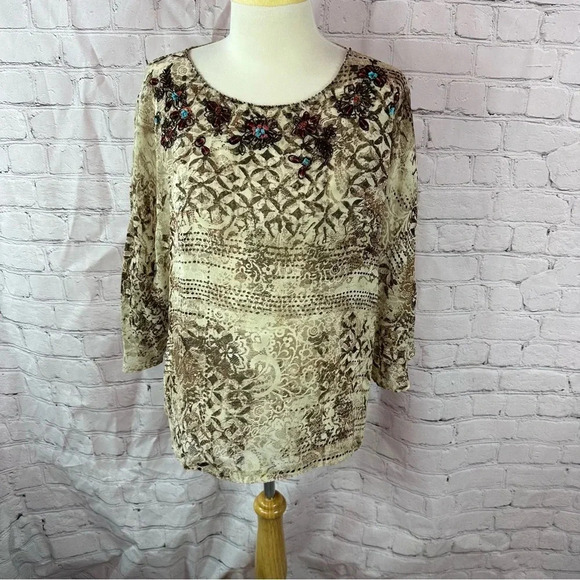 Chico's silk peasant blouse 3/4 sleeve embellished neckline sz 2 (large 12) - Picture 1 of 8